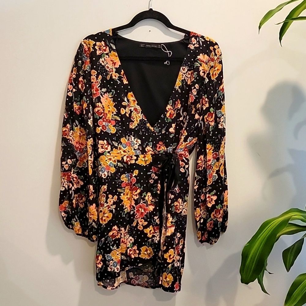 Zara Trafaluc Collection | Long Sleeve Wrap Floral Romper with Polka-dots
